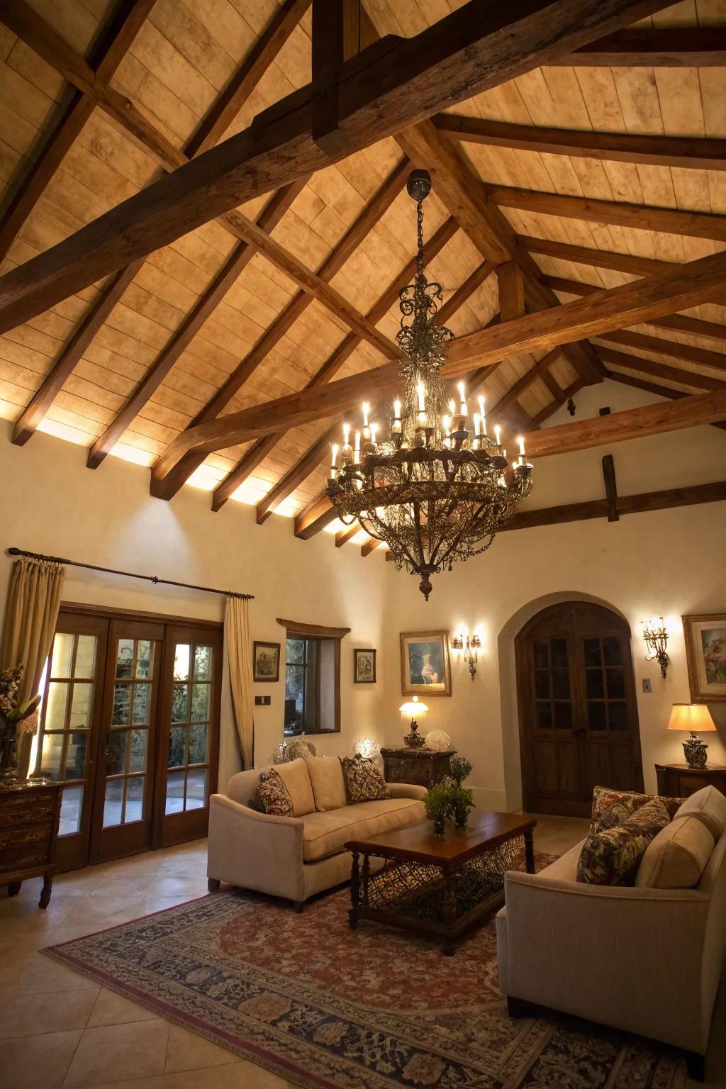 An elegant chandelier accentuating the wood beams in a living room.