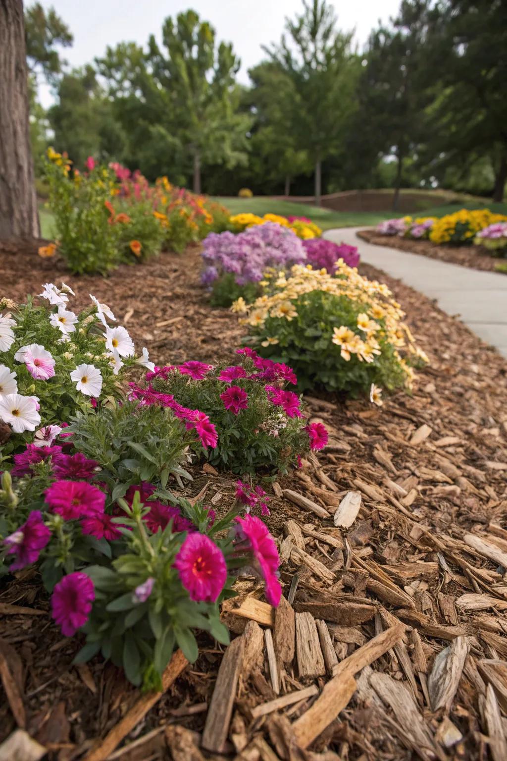 Bark nuggets add texture and visual depth to flower beds.