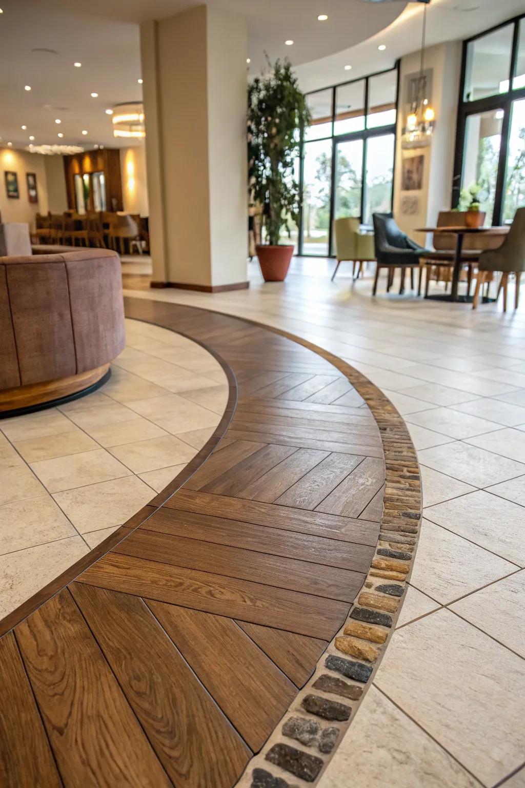 An artistic interior showcasing a flowing shift between hardwood and tiled flooring.