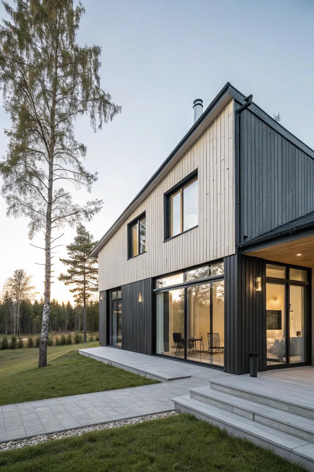 A sleek wood house with a minimalistic modern design utilizing charcoal and white.