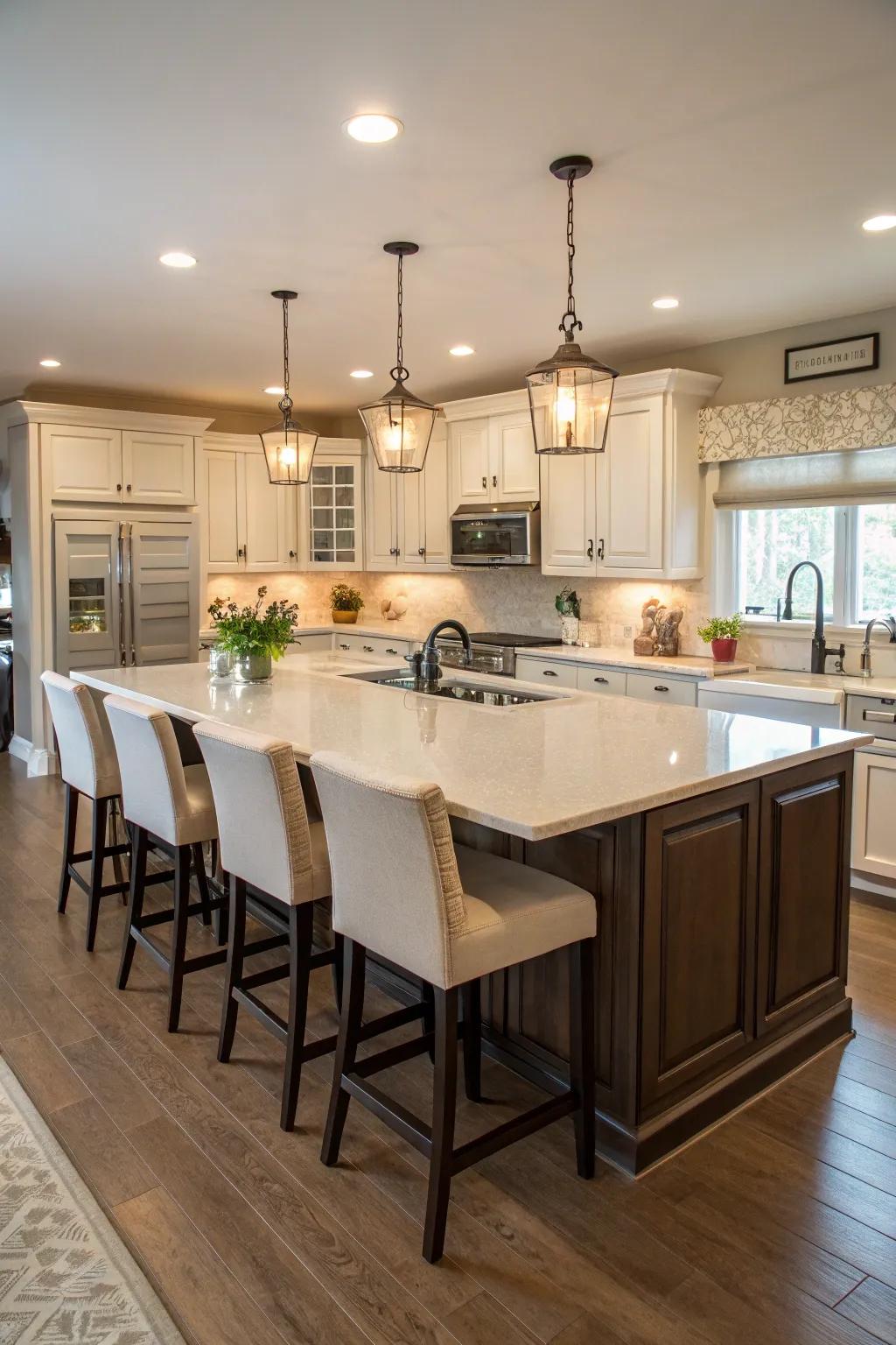 A U-shaped island that blends practicality with a social setting.