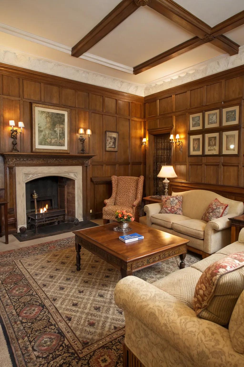 Traditional timber paneling adds timeless charm.
