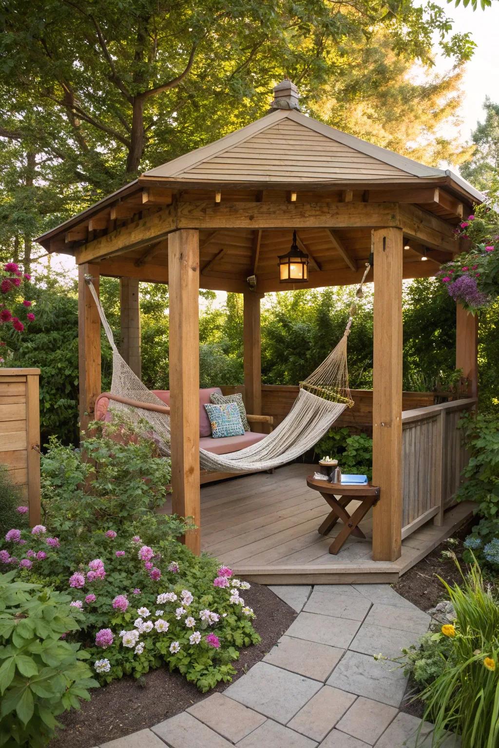 A delightful timber gazebo, optimal for leisure activities.