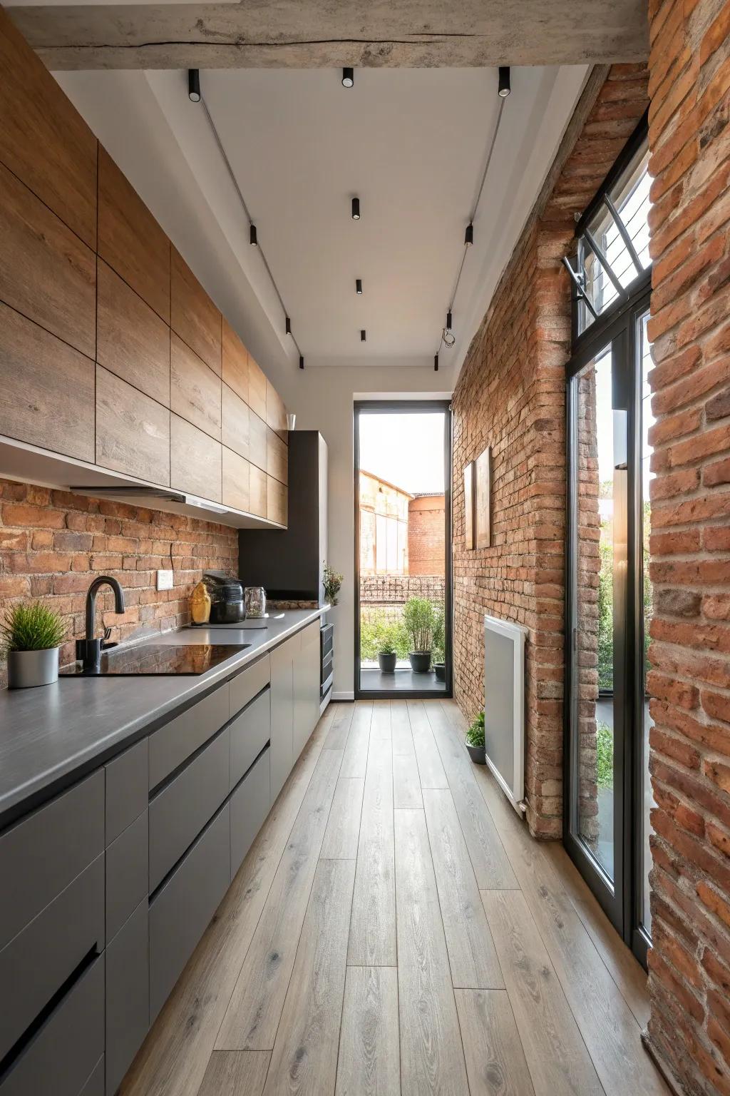 A modern kitchen with a flexible linear layout wood floor.