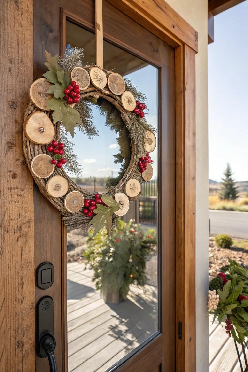Seasonal changes using wood round wreaths offer freshness all year.