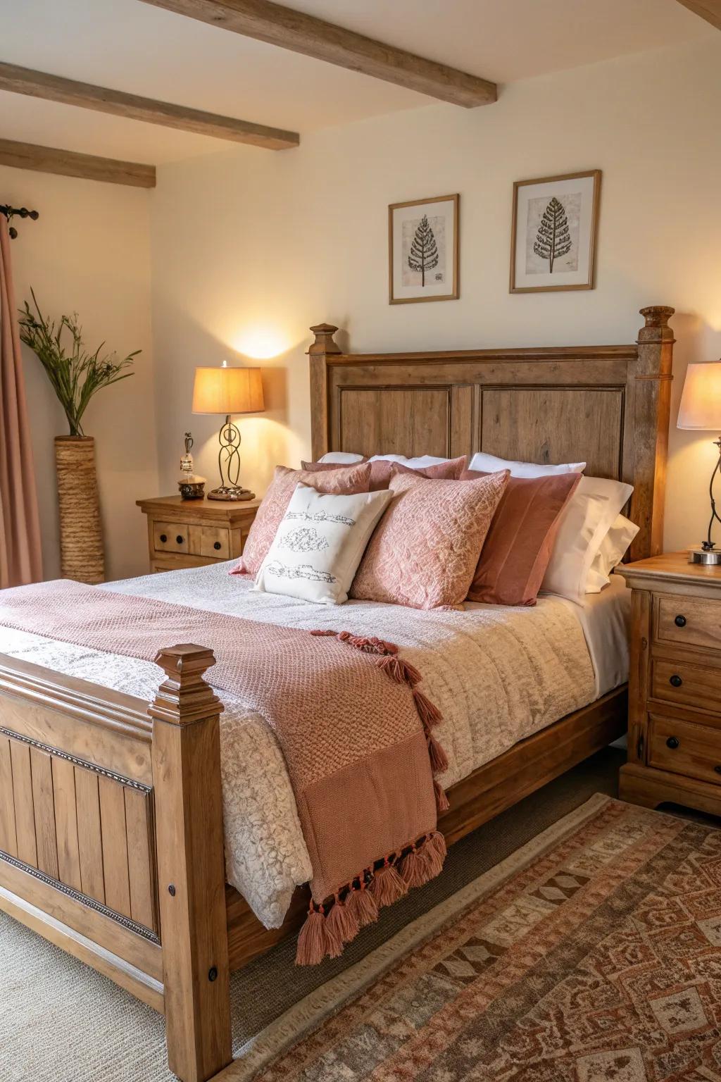 A wooden bed featuring appealing d&eacute;cor.