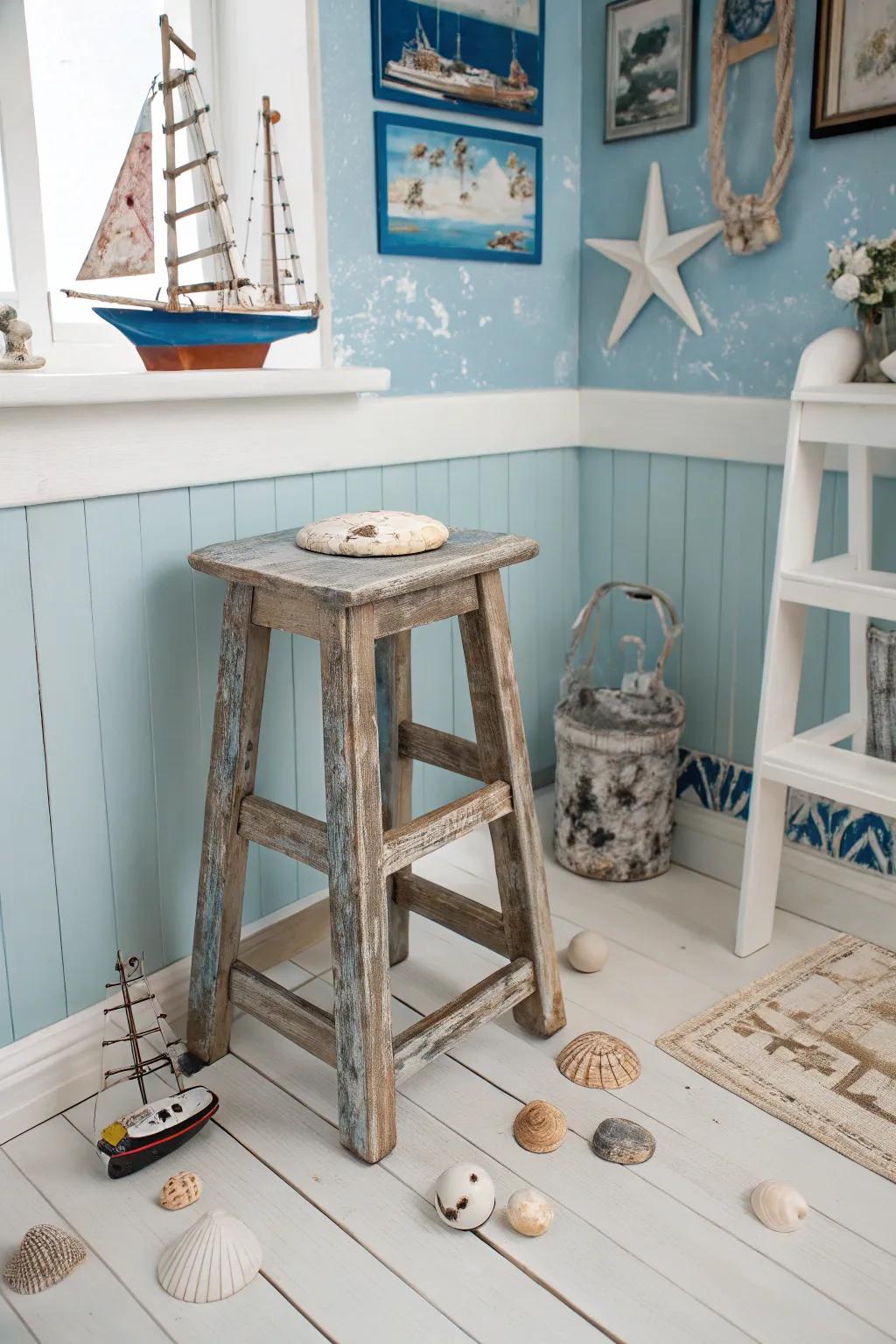 Capture coastal vibes with this weathered wooden stool.