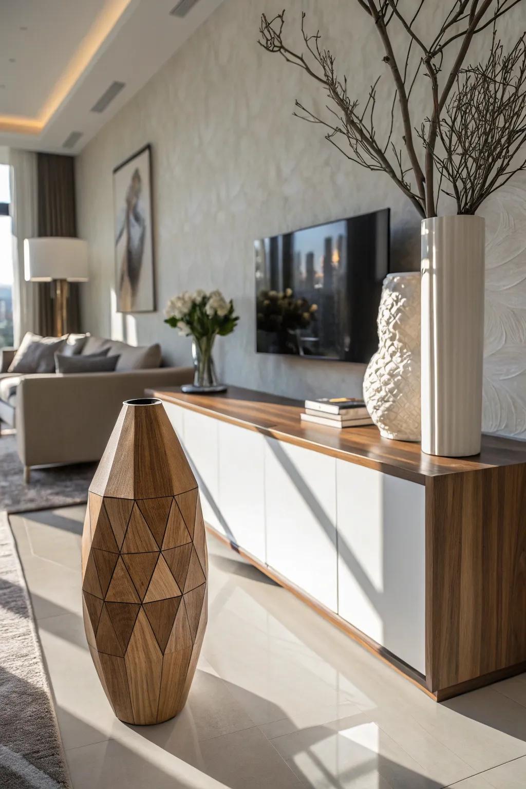 Introduce a modern edge with geometric wooden vases.