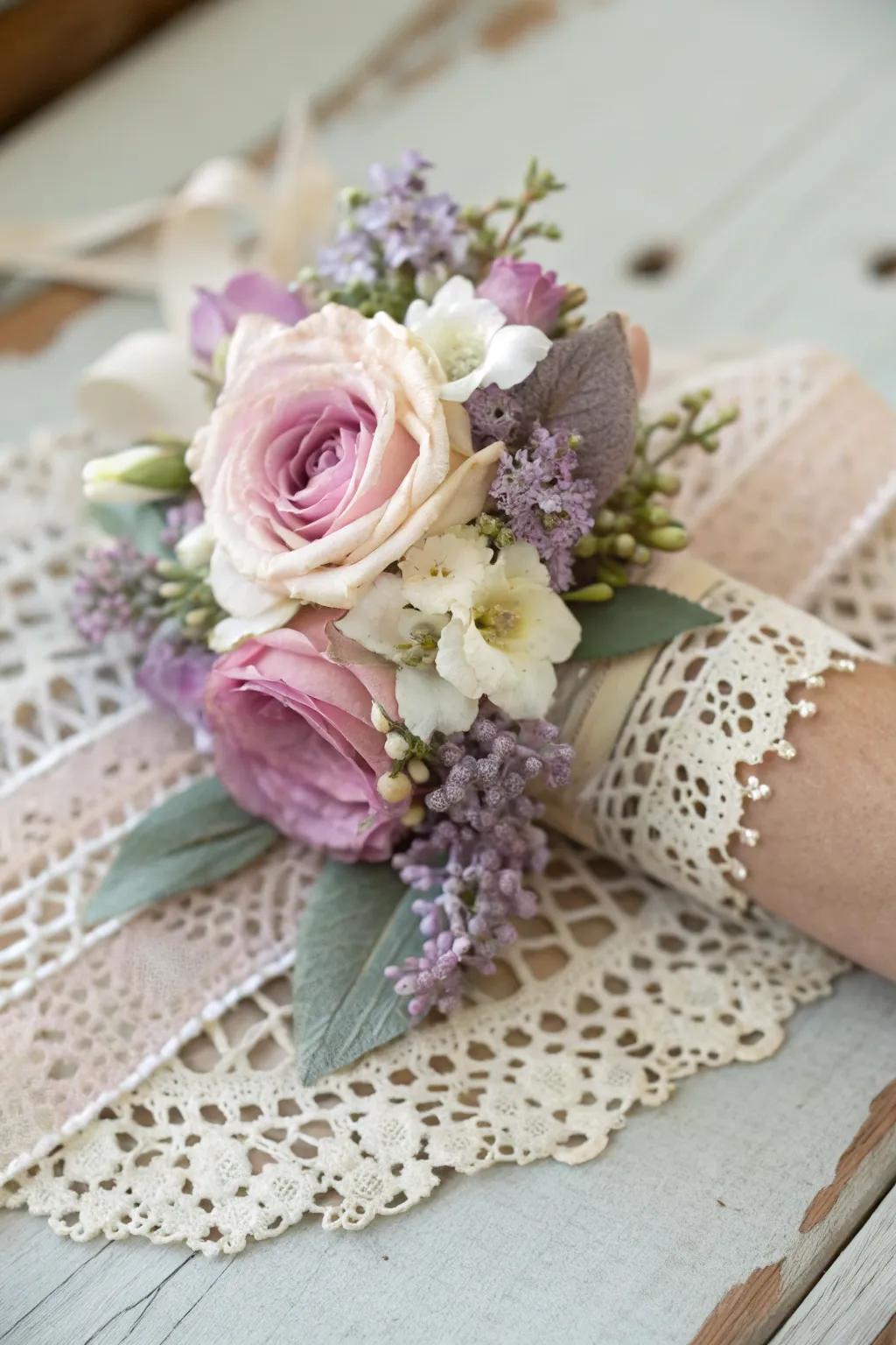 Vintage netting wrist corsage with pastel flowers.