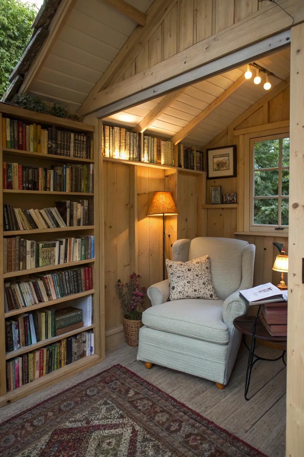 A writing shed that features a snug reading nook, ideal for literary inspiration.
