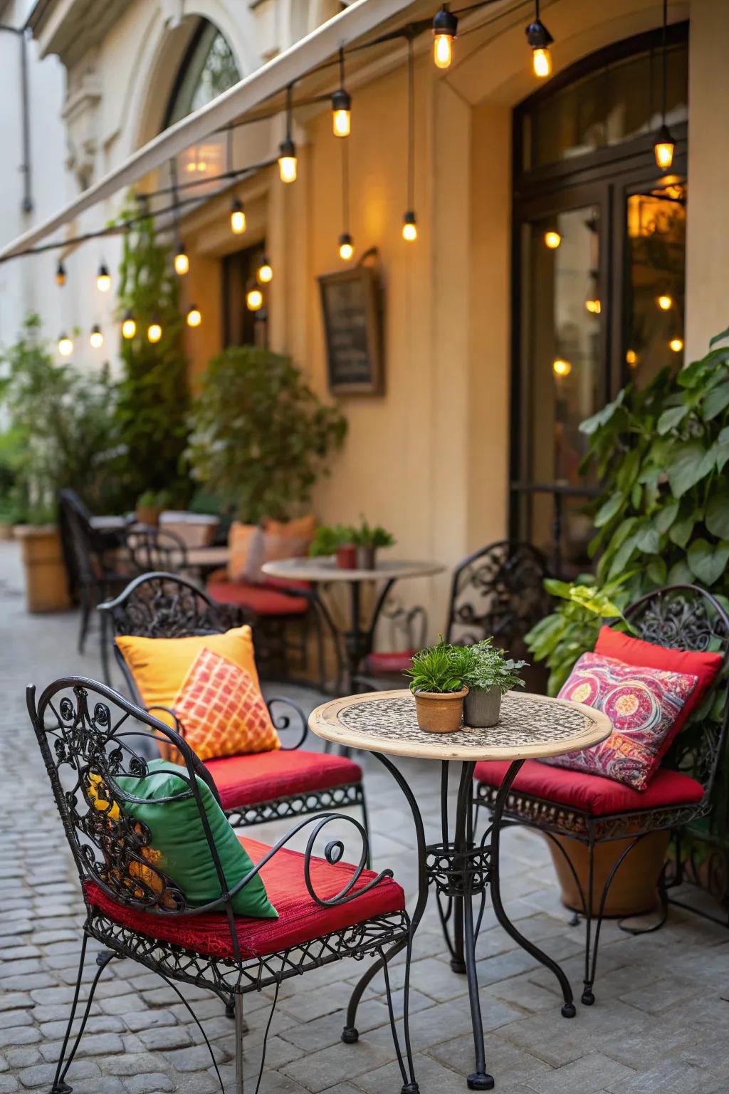 Brighten your patio with a striking bistro set featuring vibrant cushions.