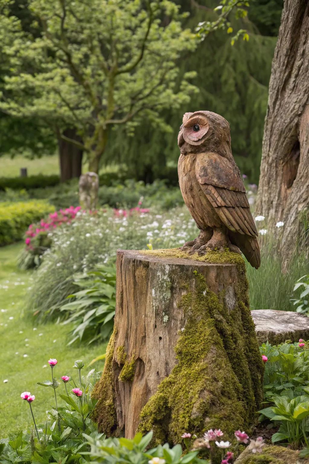 A wooden fox figure introduces a rustic charm to this garden.