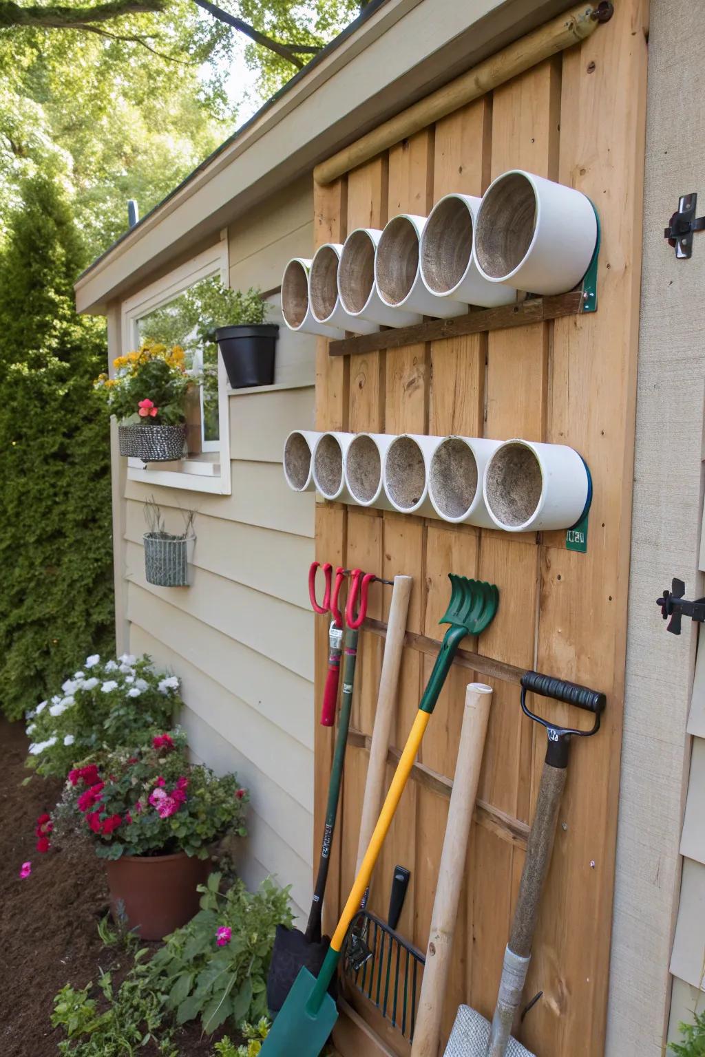 Creative and cost-effective PVC pipe storage solution.