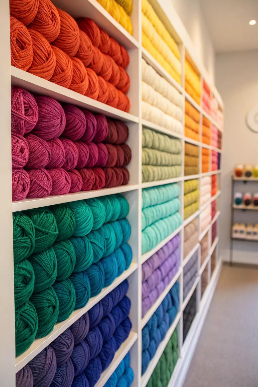 Arranging yarn by color results in a visually appealing and functional display.