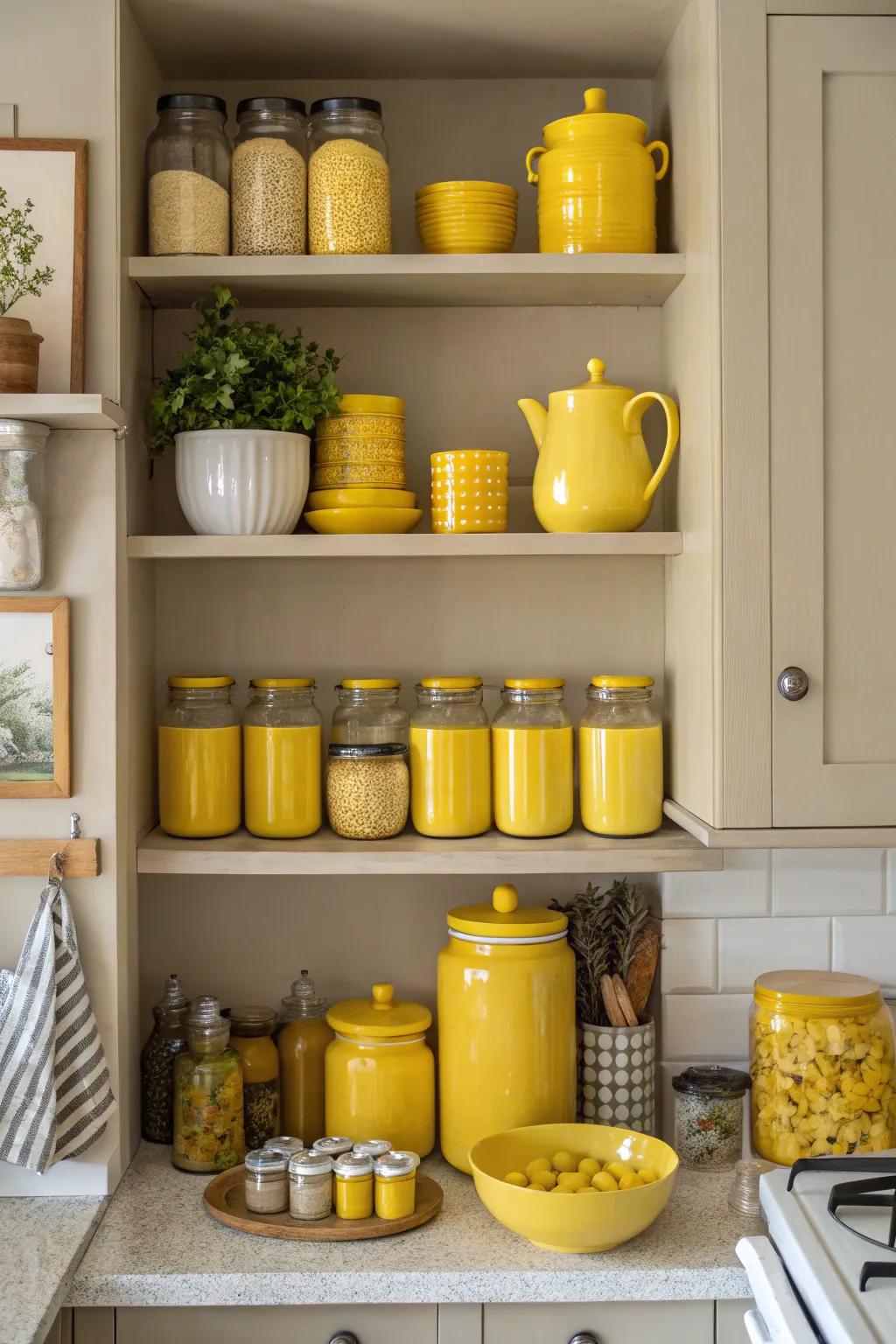 Yellow accents on shelves create captivating focal points.