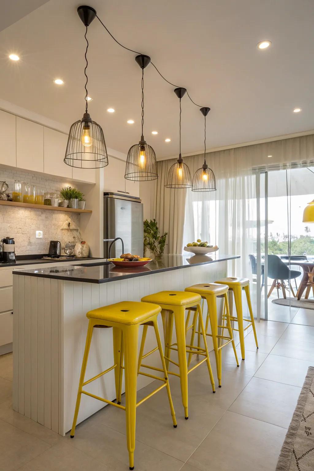 Yellow accents add a cheerful touch to a minimalist kitchen.
