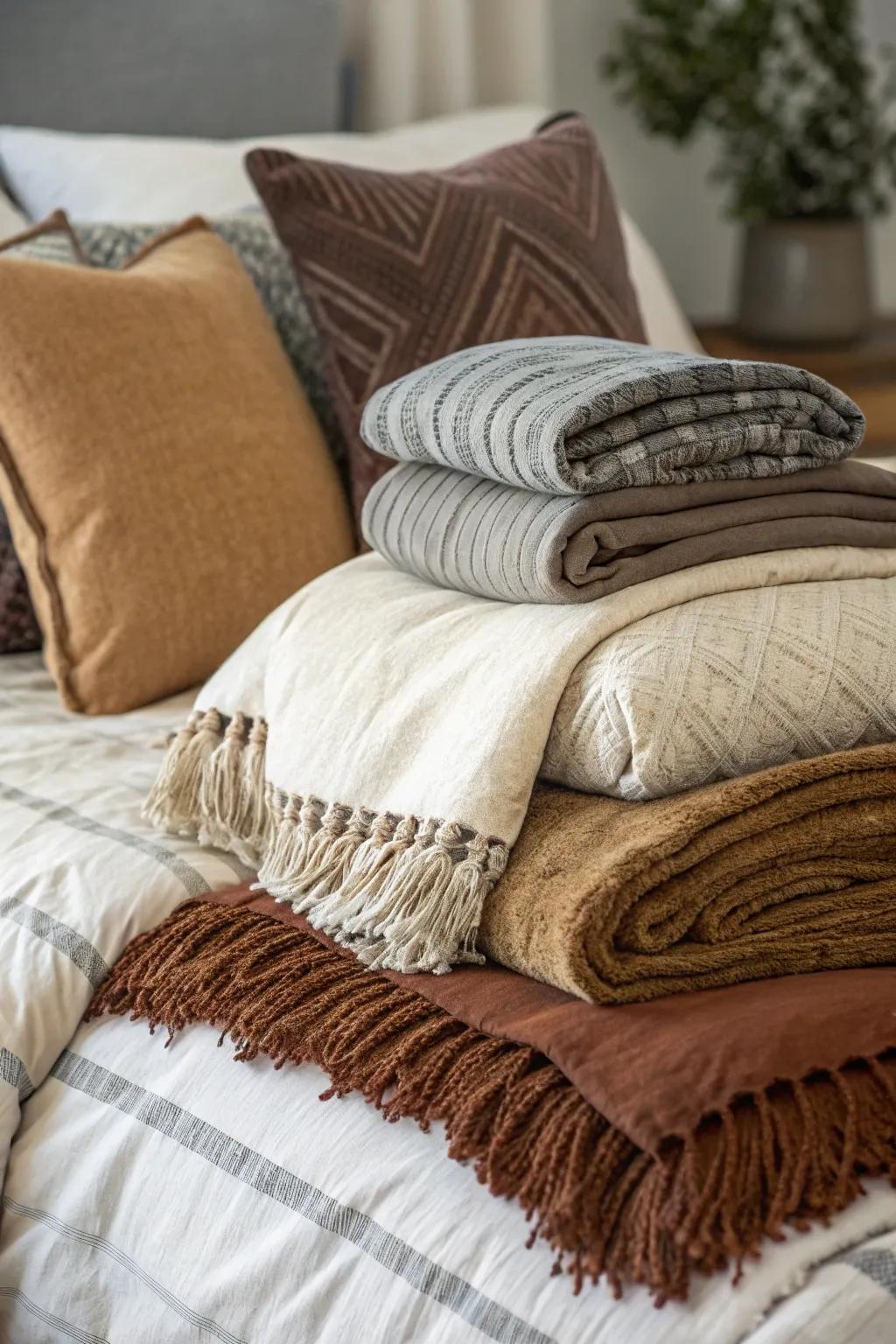 Layered textiles lead to a comfy, welcoming bed.