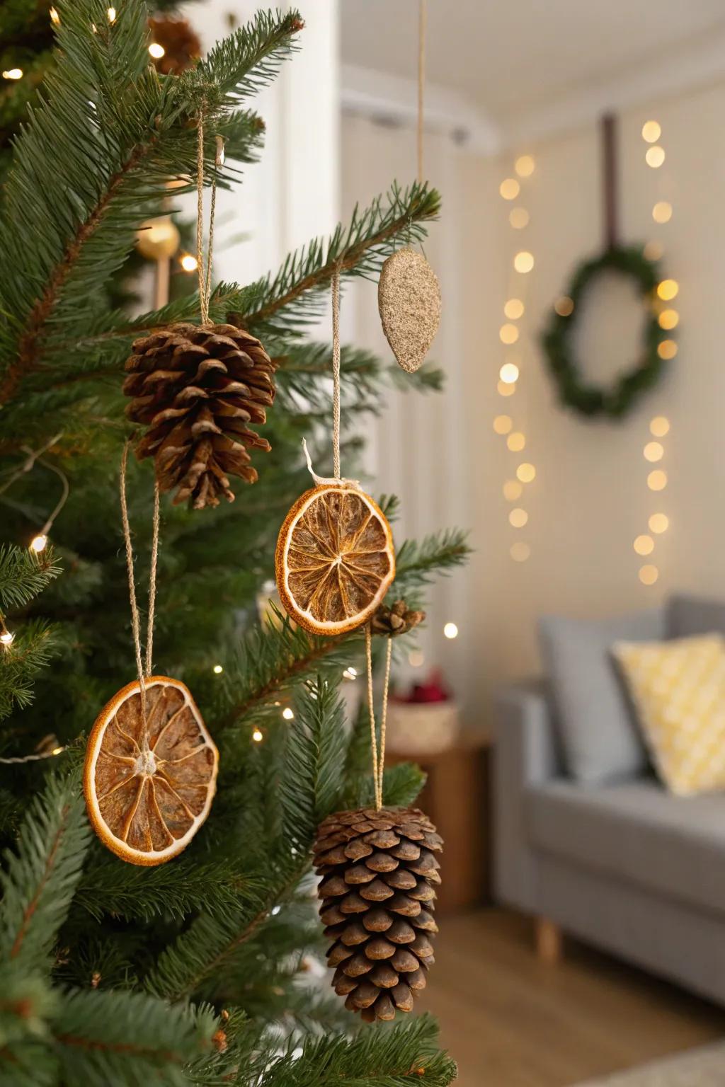 Tree decorations inspired by nature for a rustic feel.