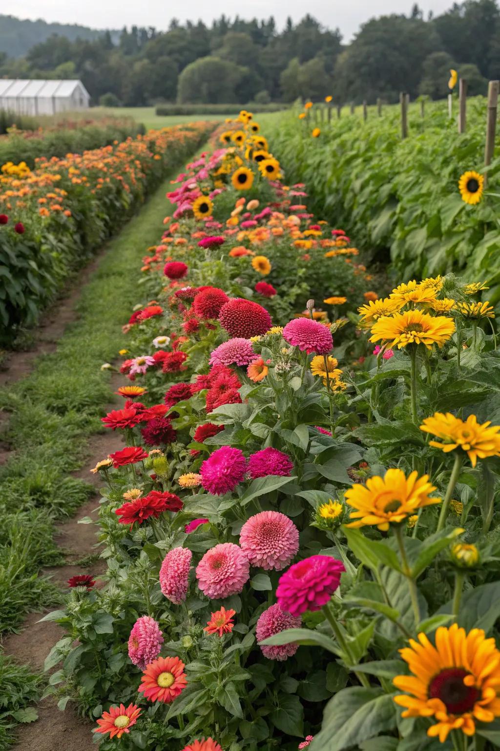 Orderly rows of 'Blooms of Joy', sunbursts, and pompoms in a harvest display.