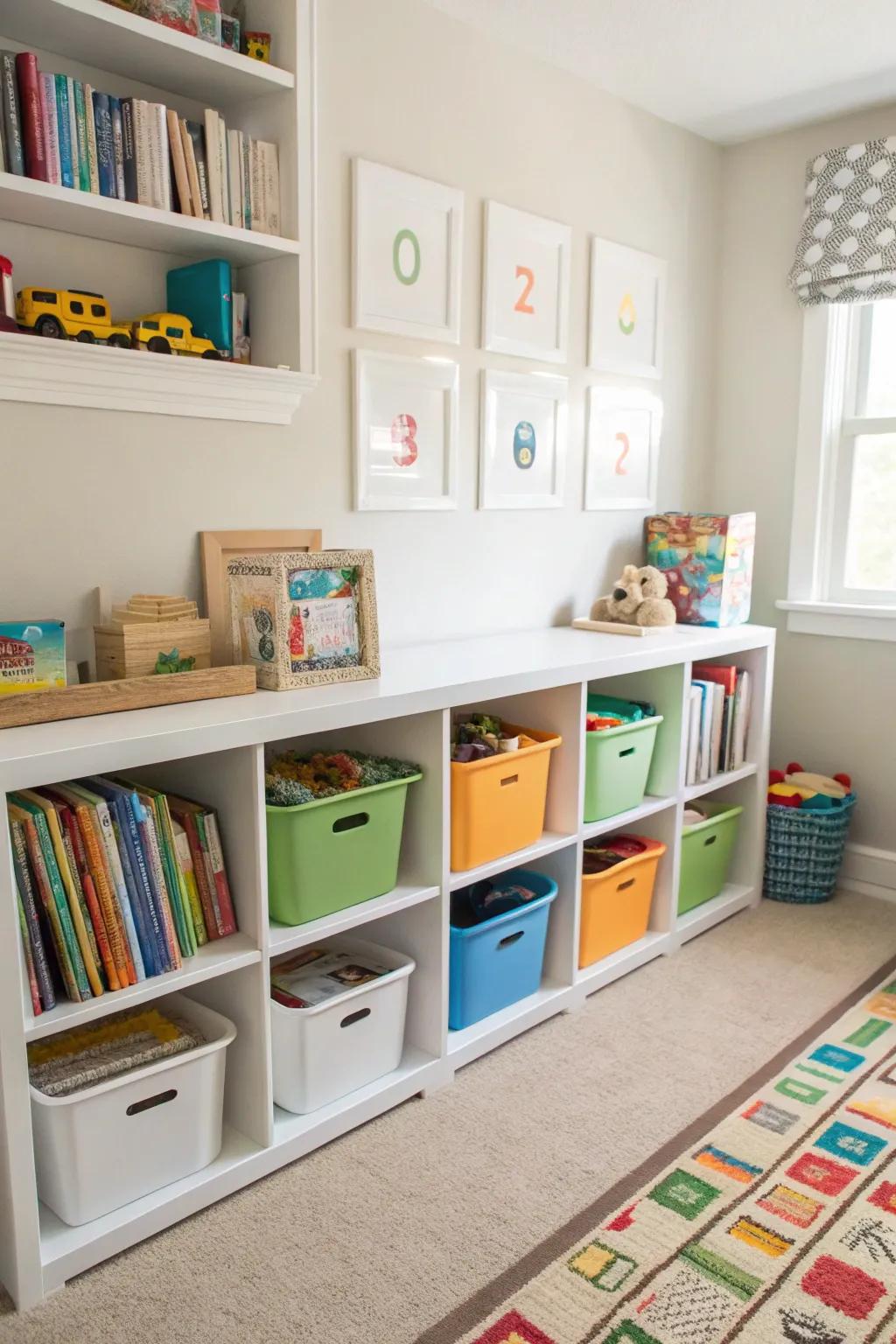 Useful storage maintains toys arranged and within easy reach.