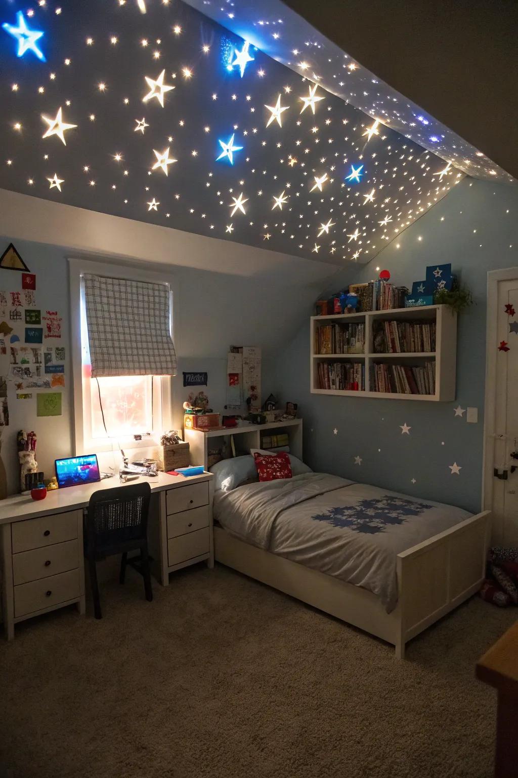 Creative lighting adds a whimsical and enchanting touch to a boy's bedroom.