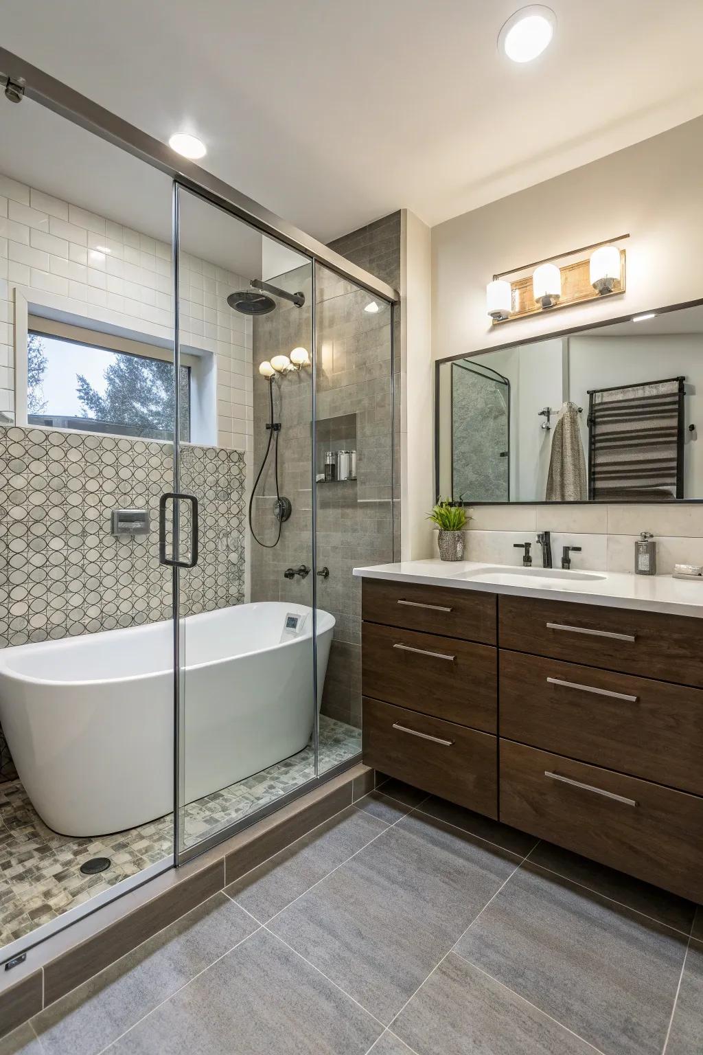 An efficient shower and tub combination for versatile bathing options.