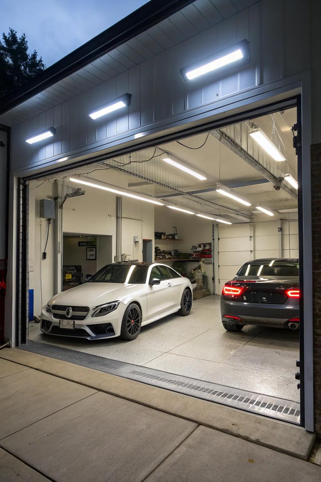 Bright lighting transforms your garage into a vibrant workspace.