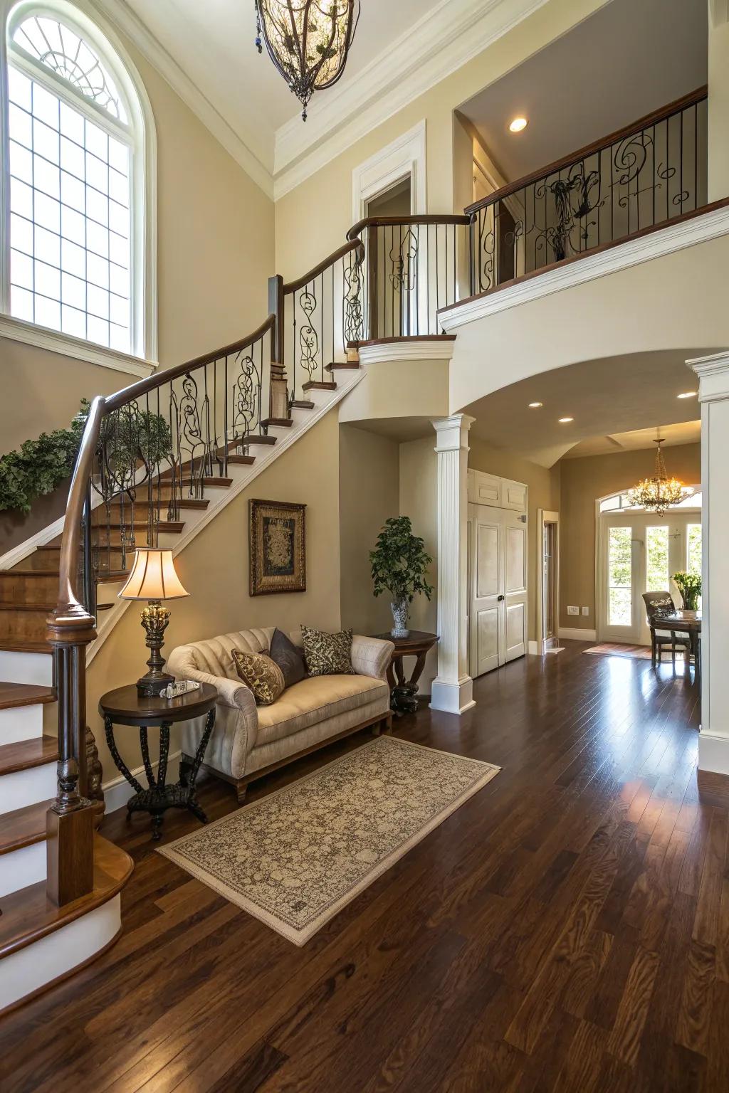 Rich hardwood floors add sophistication to the foyer.