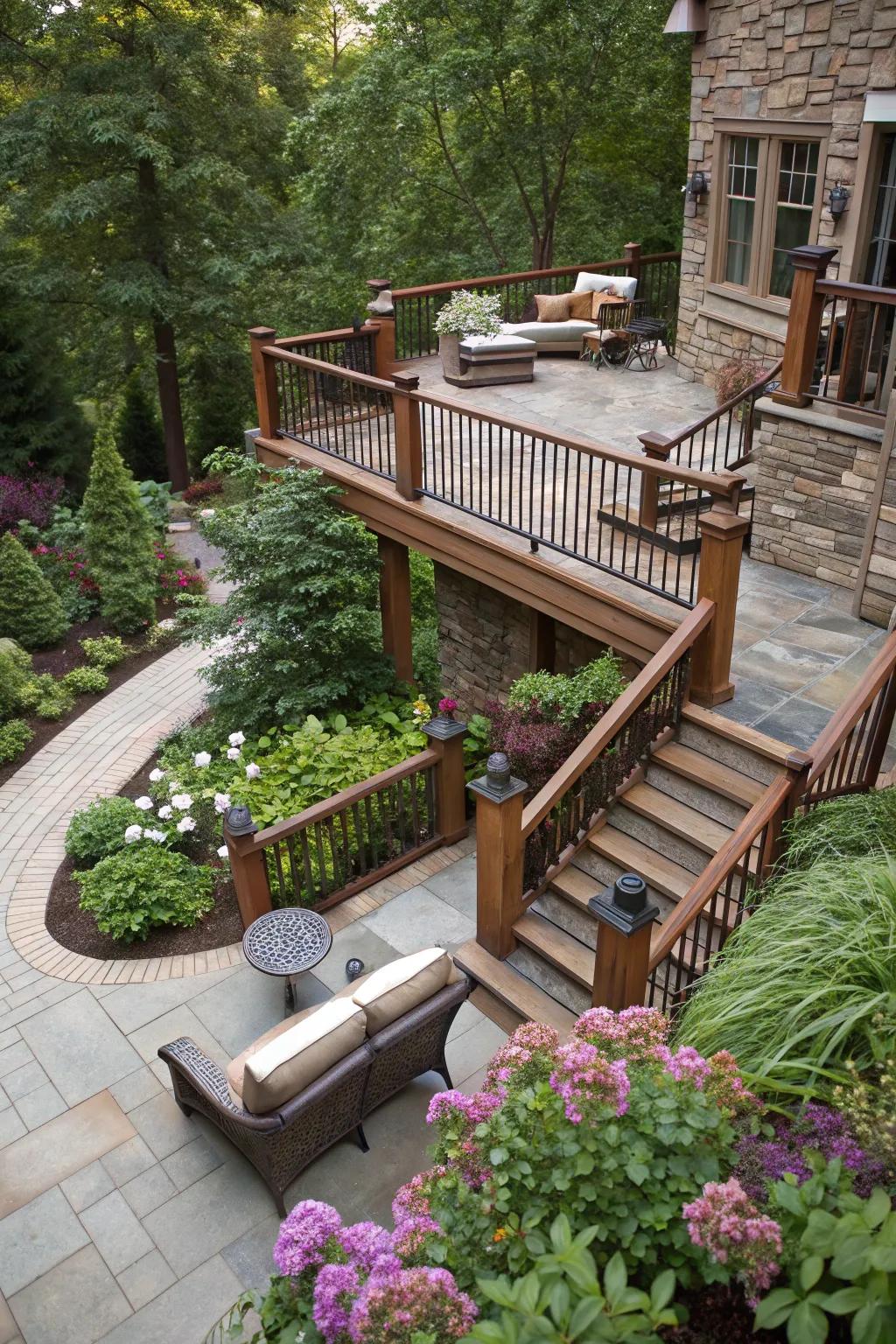 A well-designed staircase connecting the deck to the outdoors.