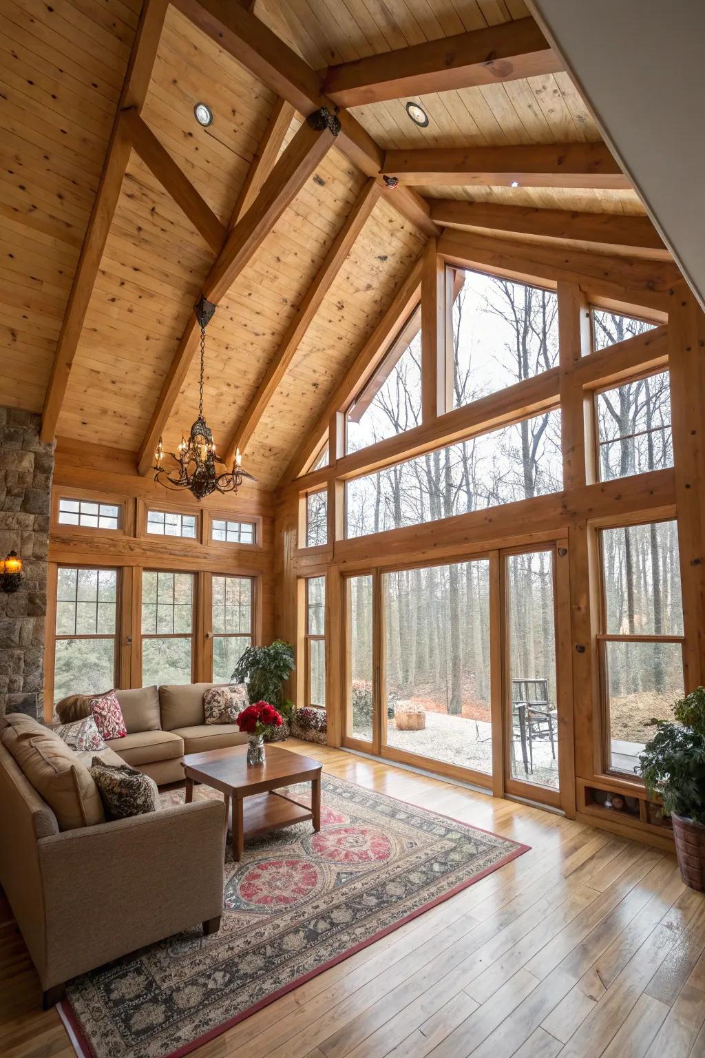 High ceilings adding depth and character to the room.