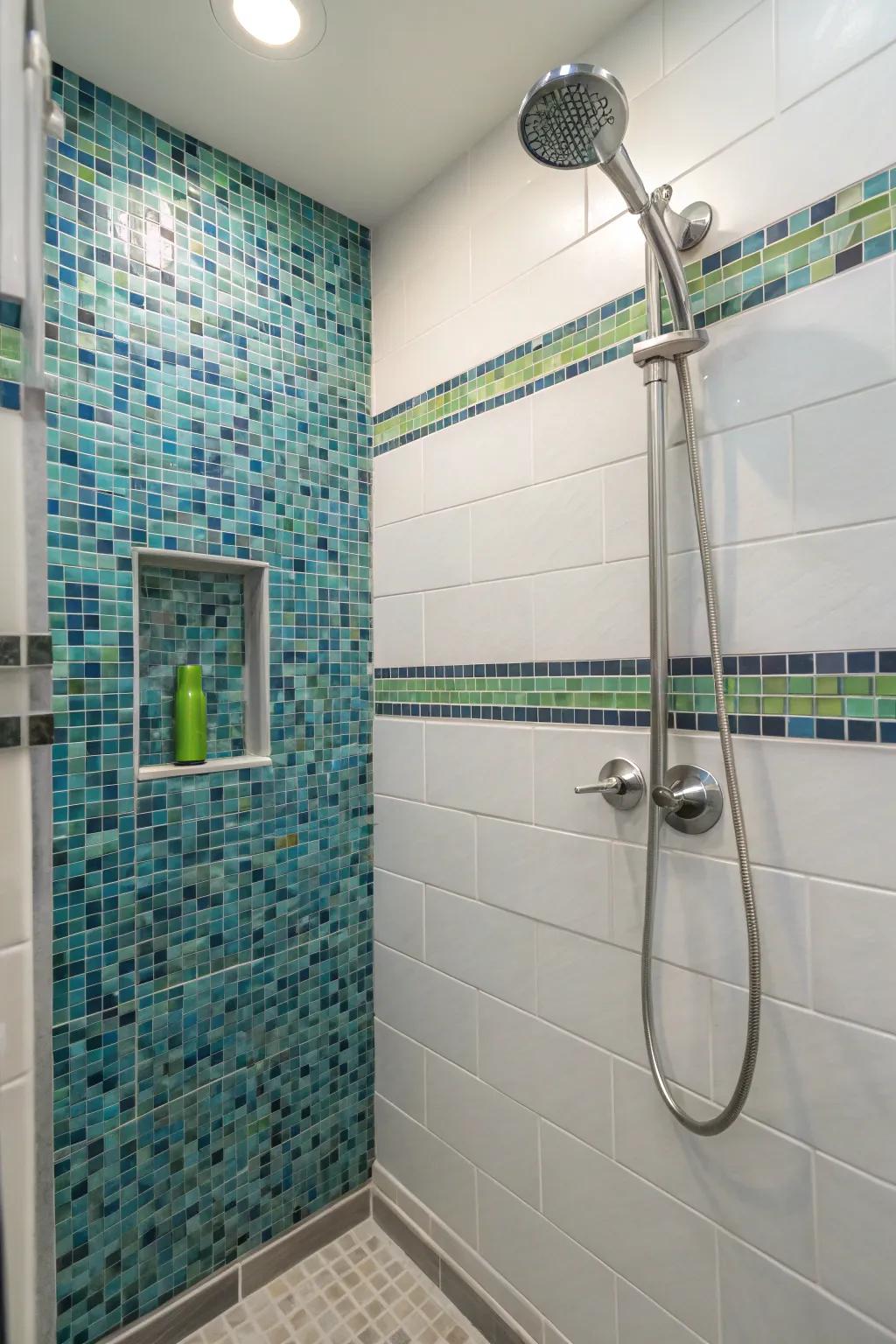 Detailed tiles contribute texture and visual intrigue to a small shower.