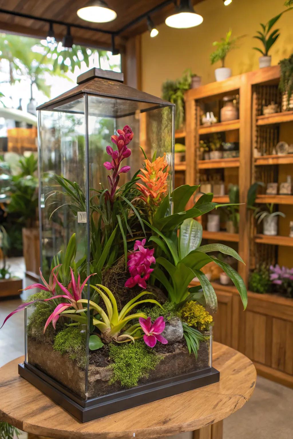 An exotic destination terrarium showcasing vibrant orchids.
