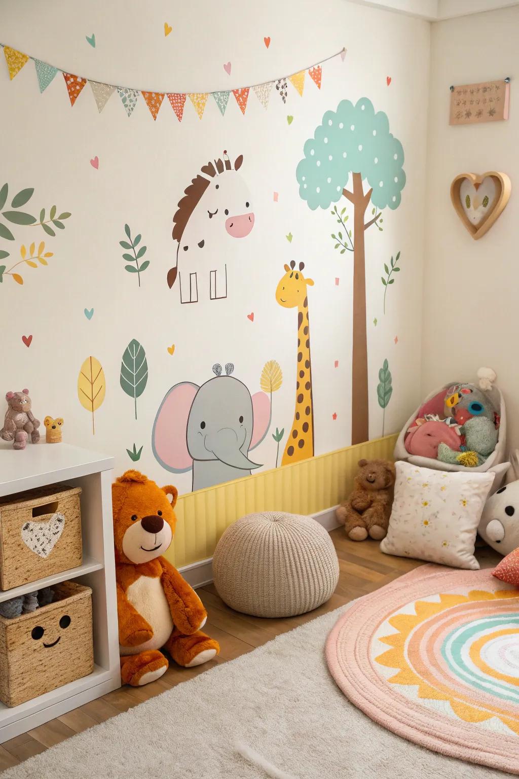 A lovely bedroom that has fun animal decorations.