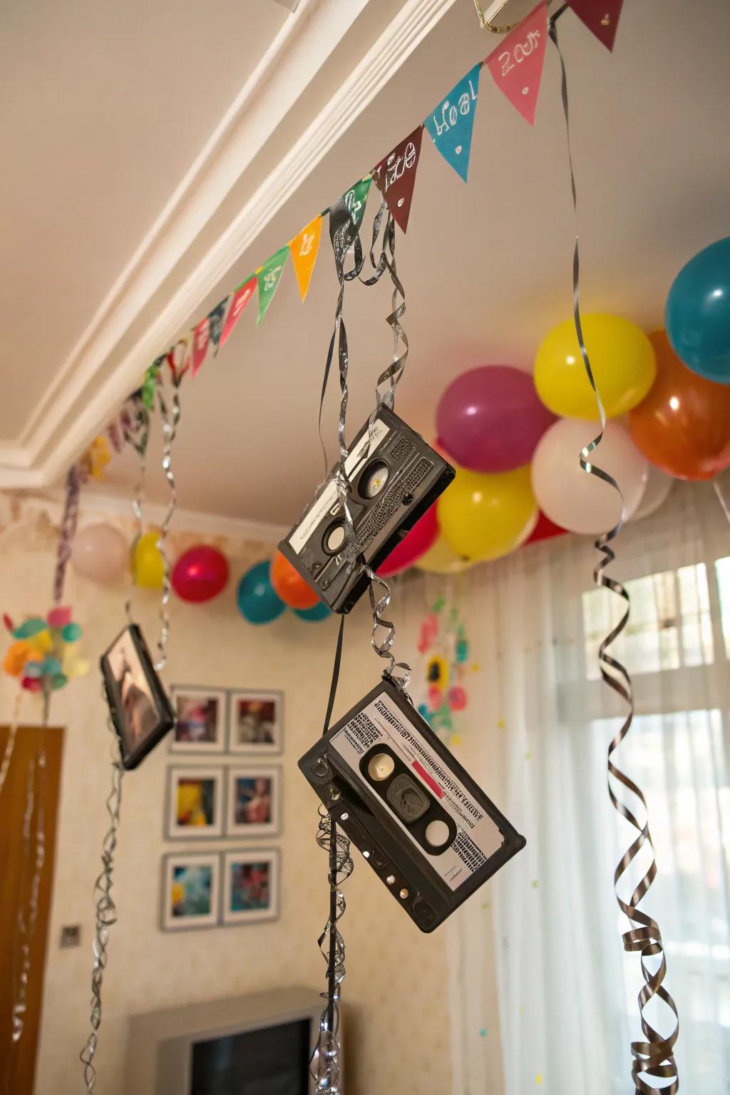 An audio cassette ribbon enhances your decorations with a hint of nostalgia.