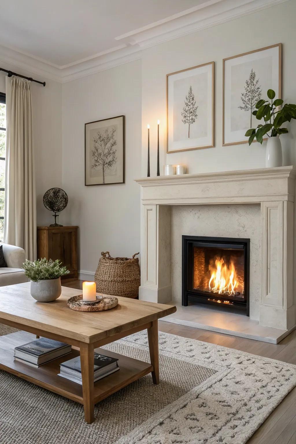 Simple décor crafts a streamlined and contemporary aesthetic above the fireplace.