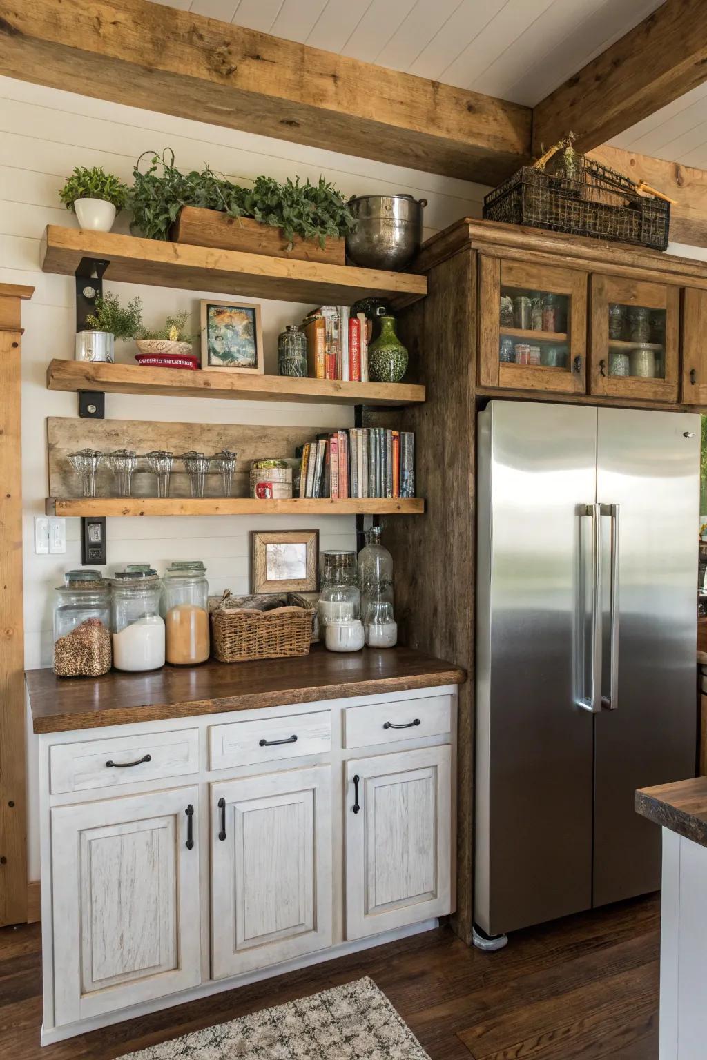 Rustic shelves enhance charm and utility above the fridge.