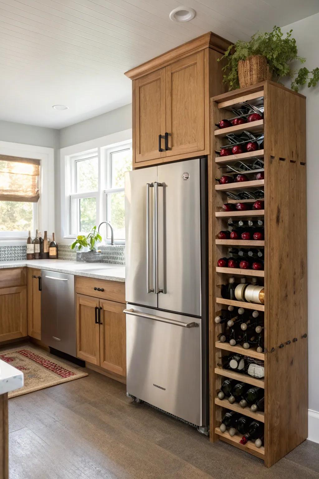 A dedicated wine display above the fridge adds both charm and functionality.
