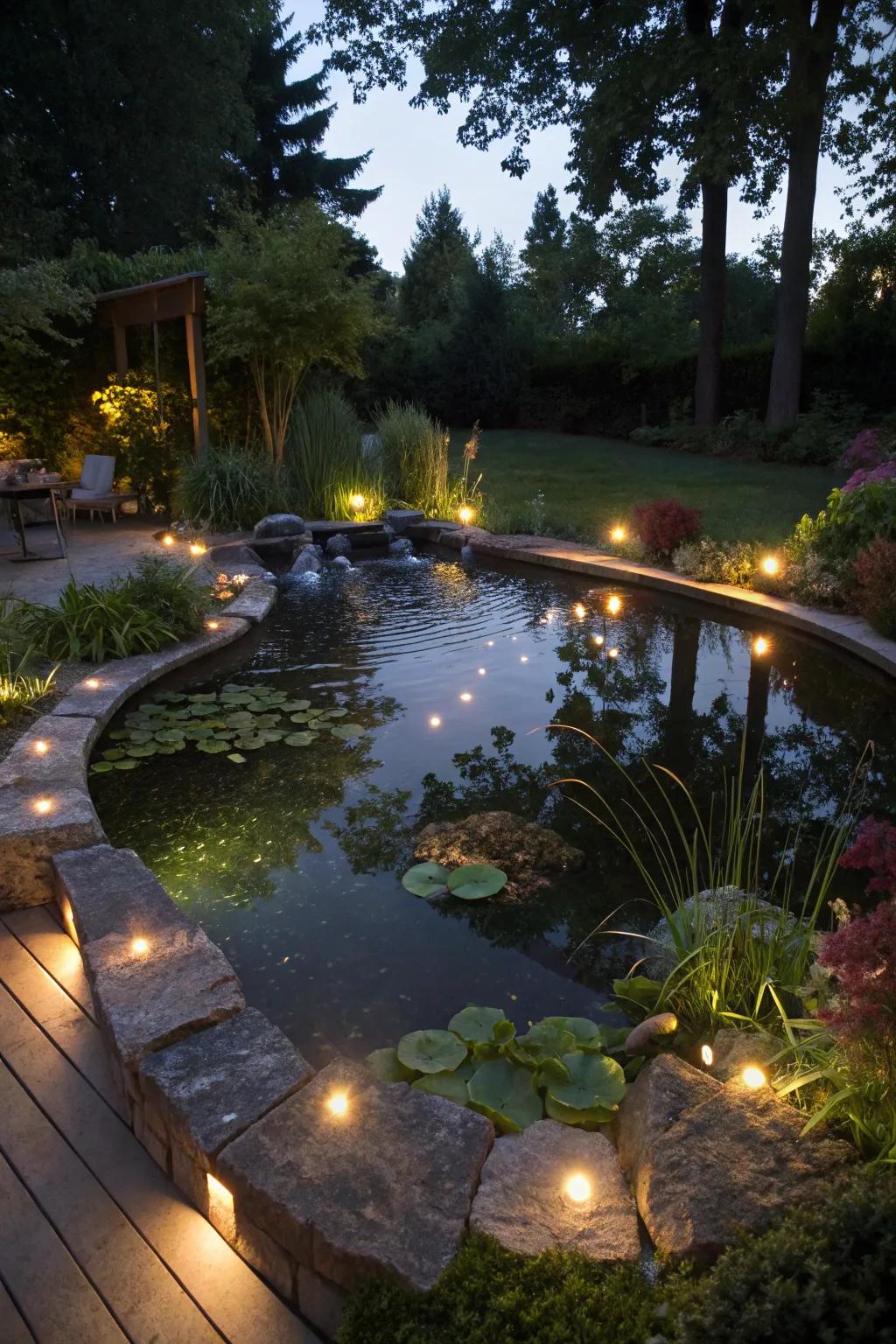 Magical lights bring this elevated pond to life at night.