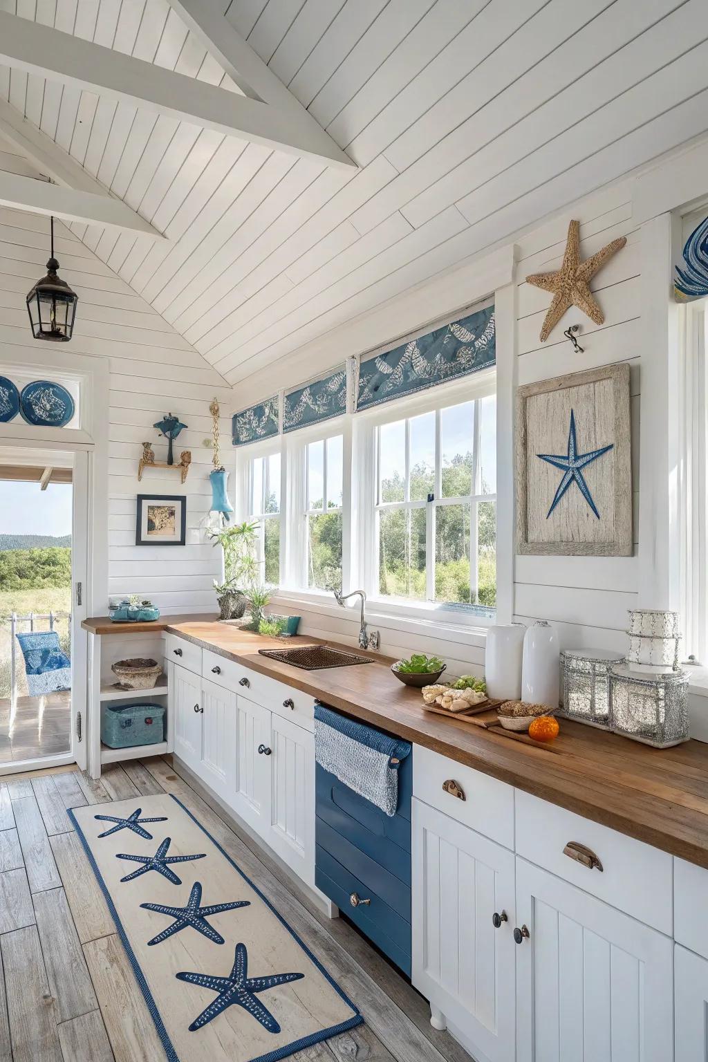 White shiplap ceilings introduce an attractive seaside touch.