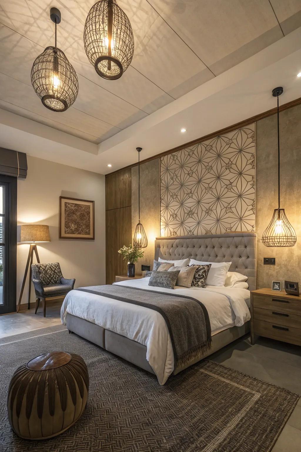 Pendant lights highlight the feature wall, adding warmth and focus to the bedroom.