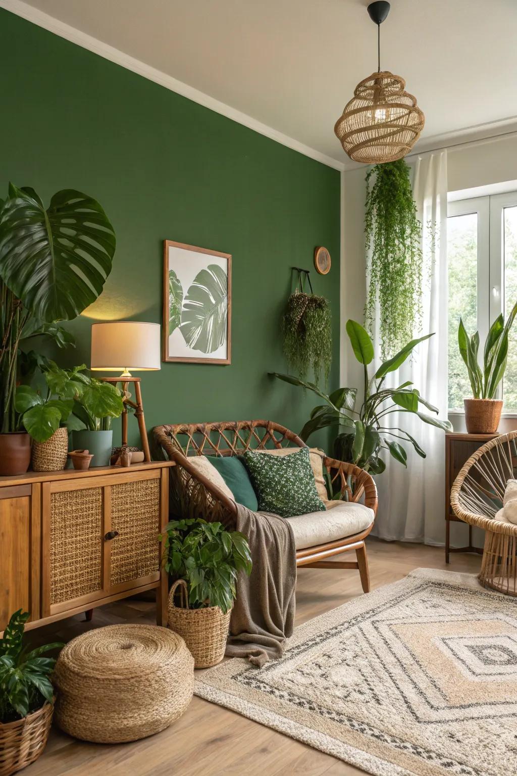 A refreshing living room with a nature-inspired verdant accent wall.