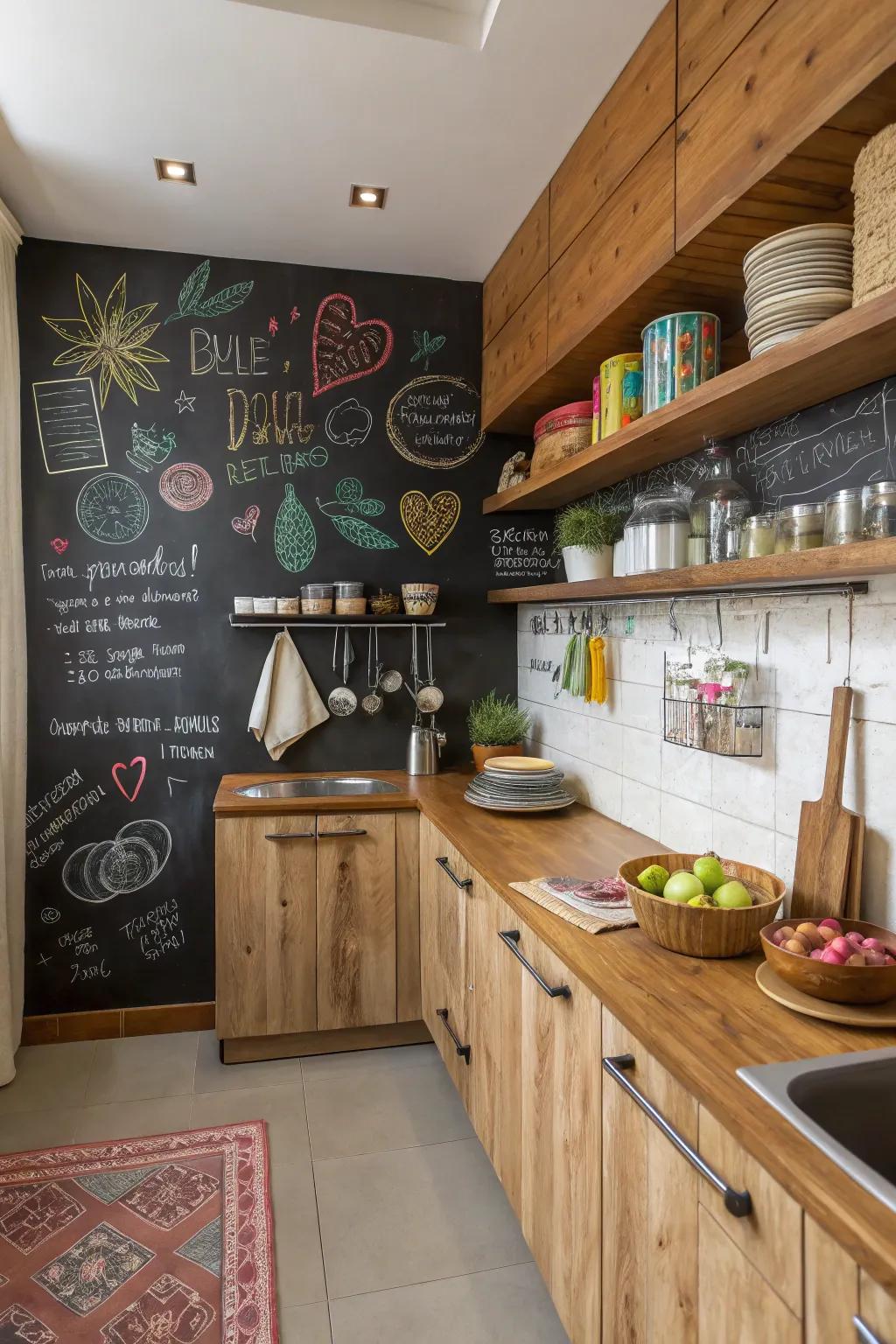 A kitchen featuring a writable surface accent wall for notes and doodles.