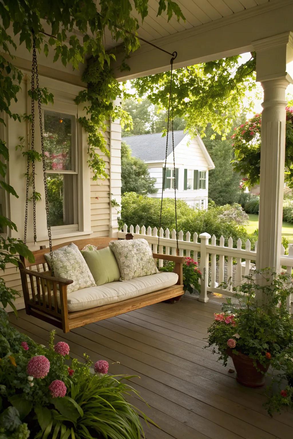 A welcoming porch swing ideal for relaxation.