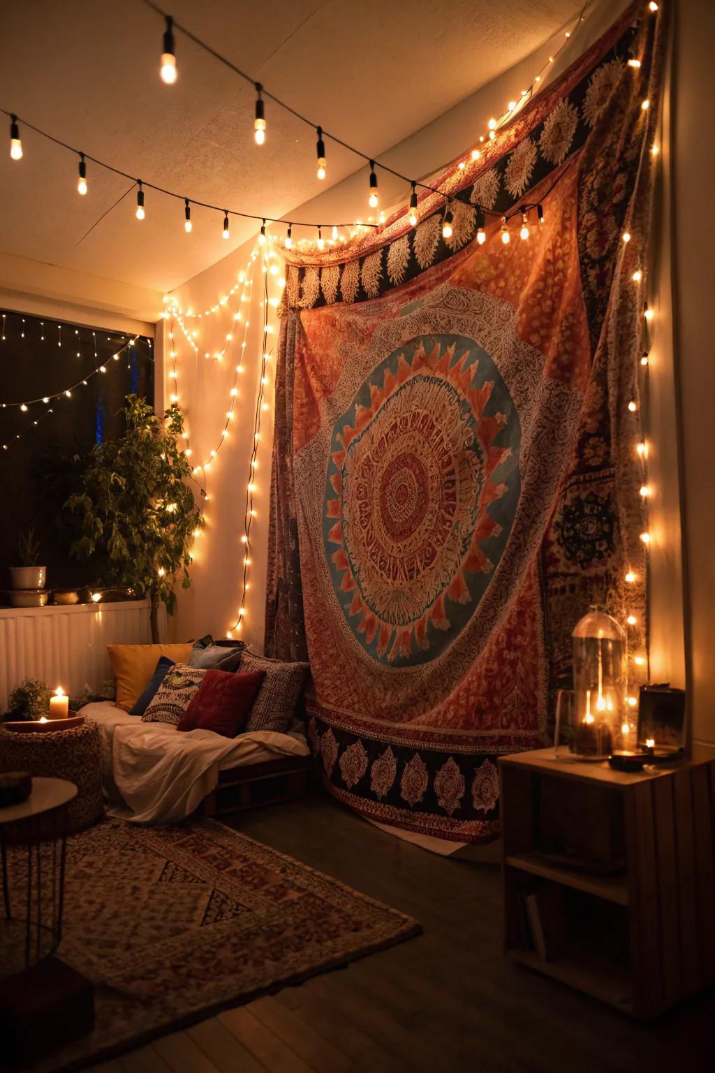 Ambient lighting enhances wall hanging designs.