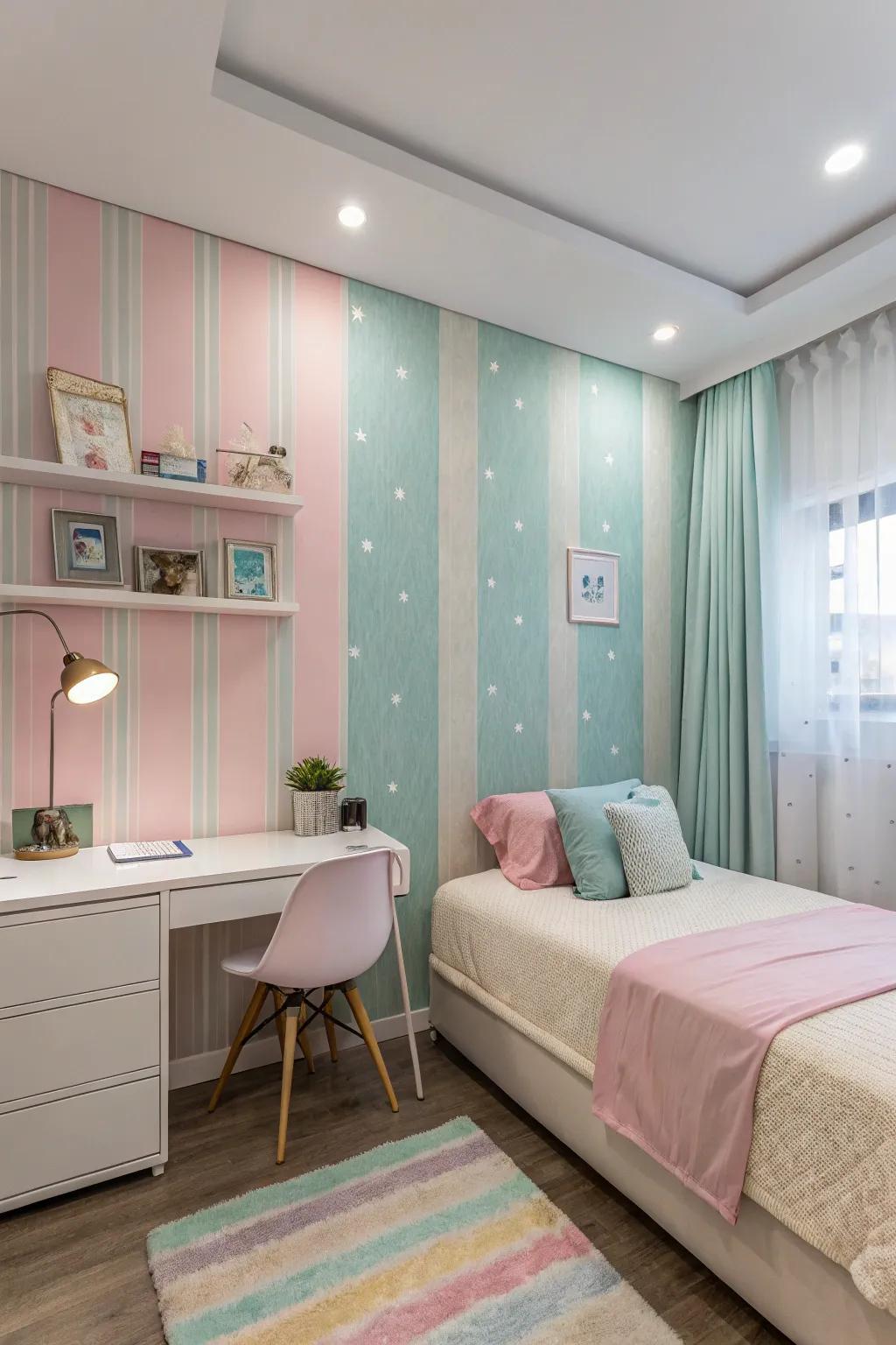 Pastel wallpapers provide a gentle palette for a peaceful retreat.