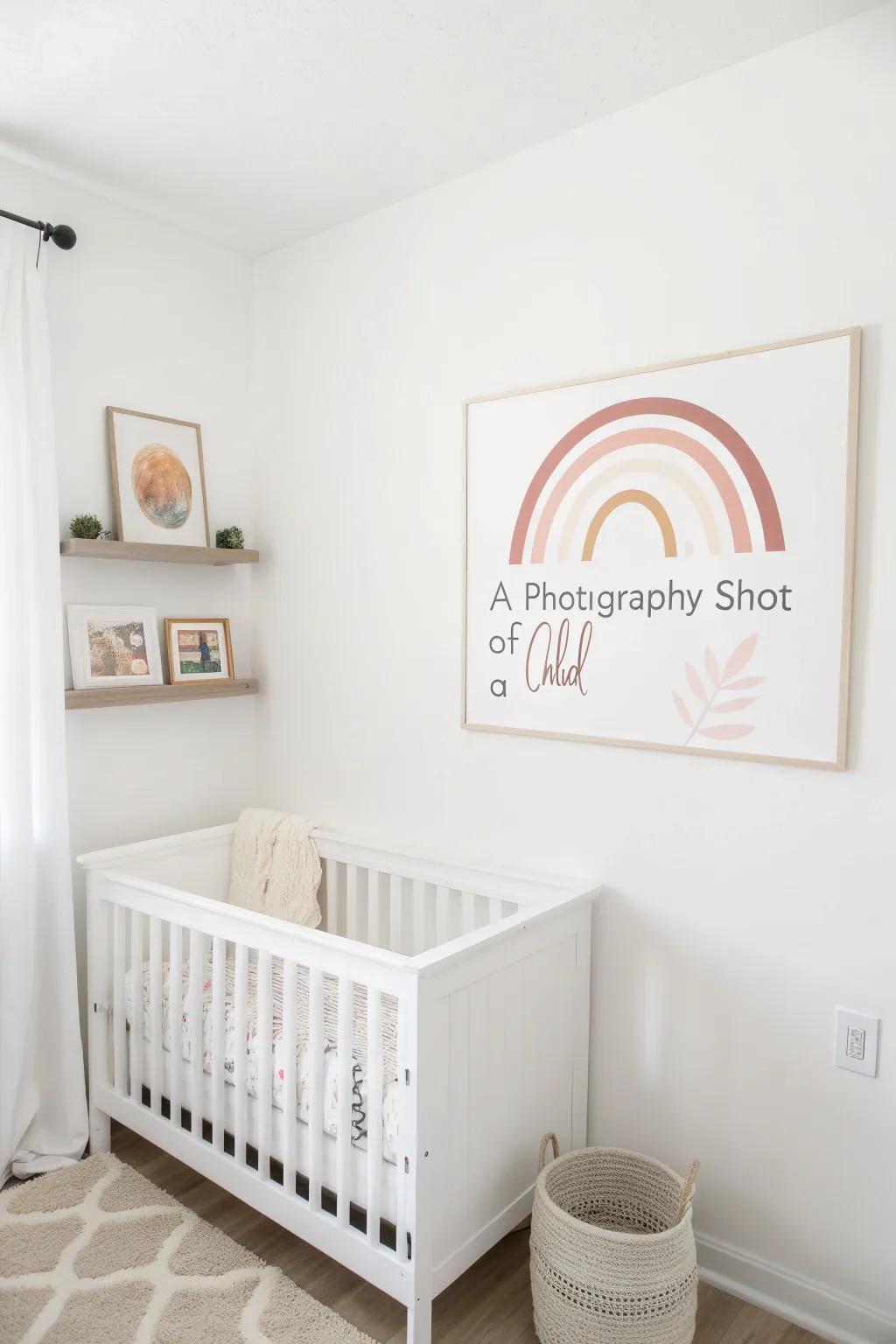 Minimalist wall ornaments add personalized charm to a white nursery.
