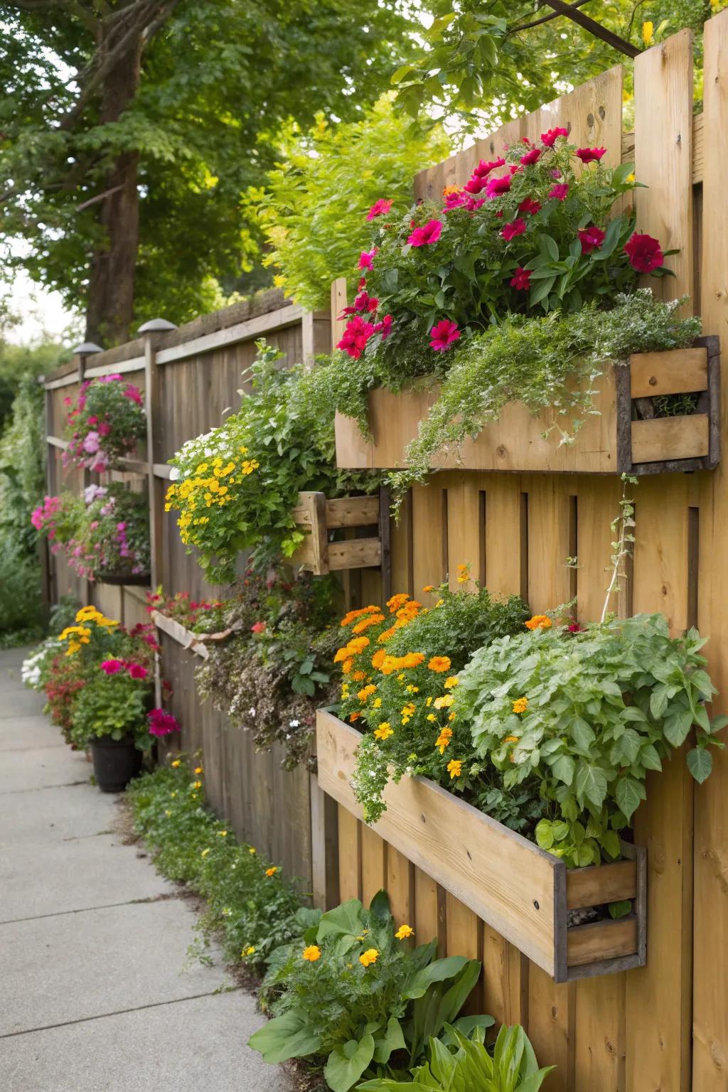 Standing planters creatively use fence area.