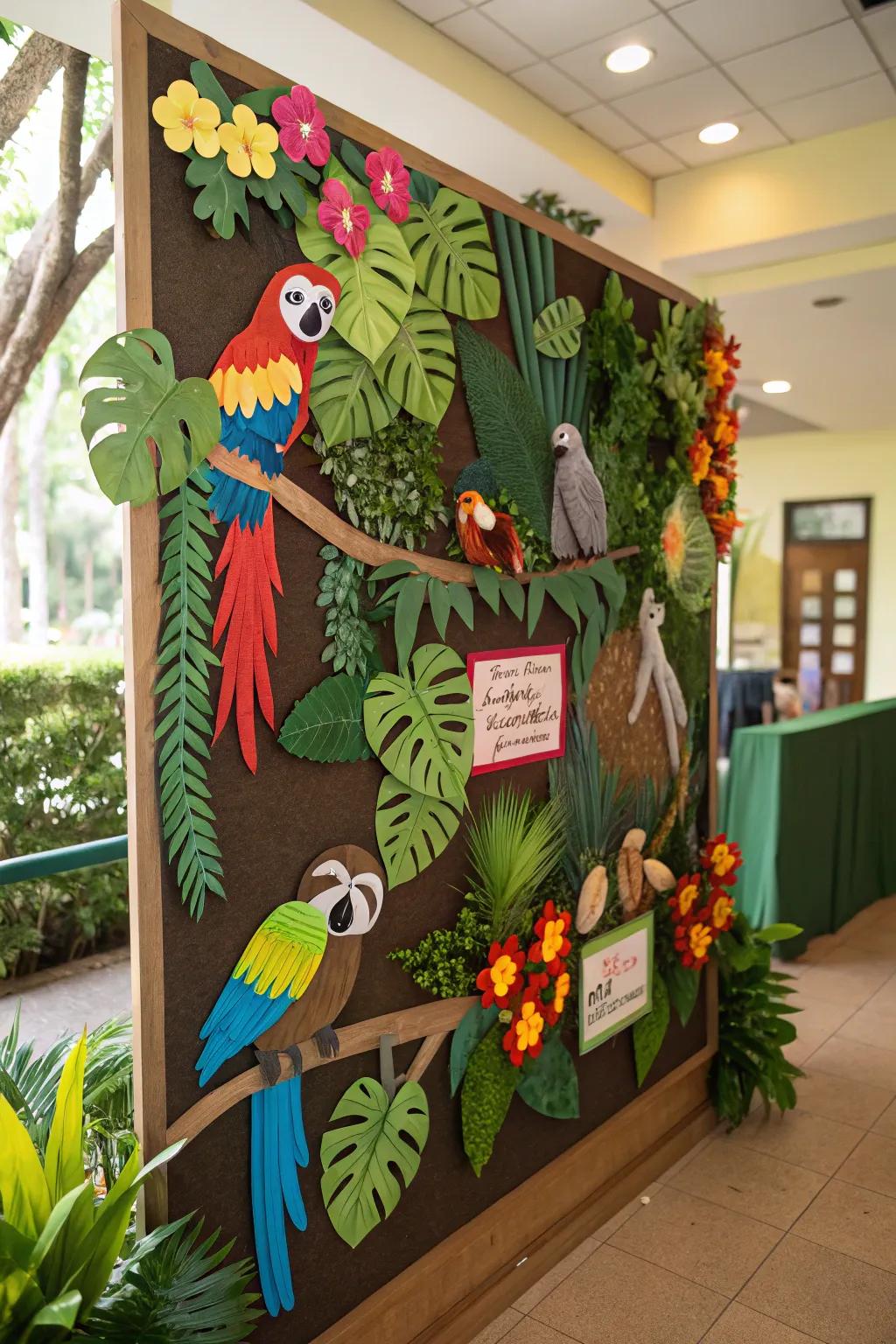 A dynamic rainforest scene showcasing exotic birds and sloths.