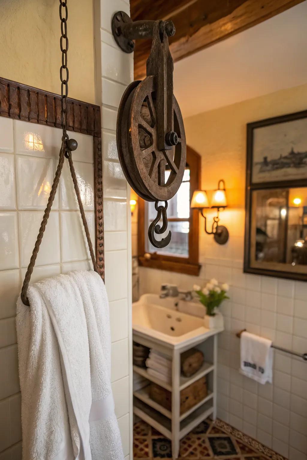 An vintage mechanism provides a distinctive spin to bathroom storage.