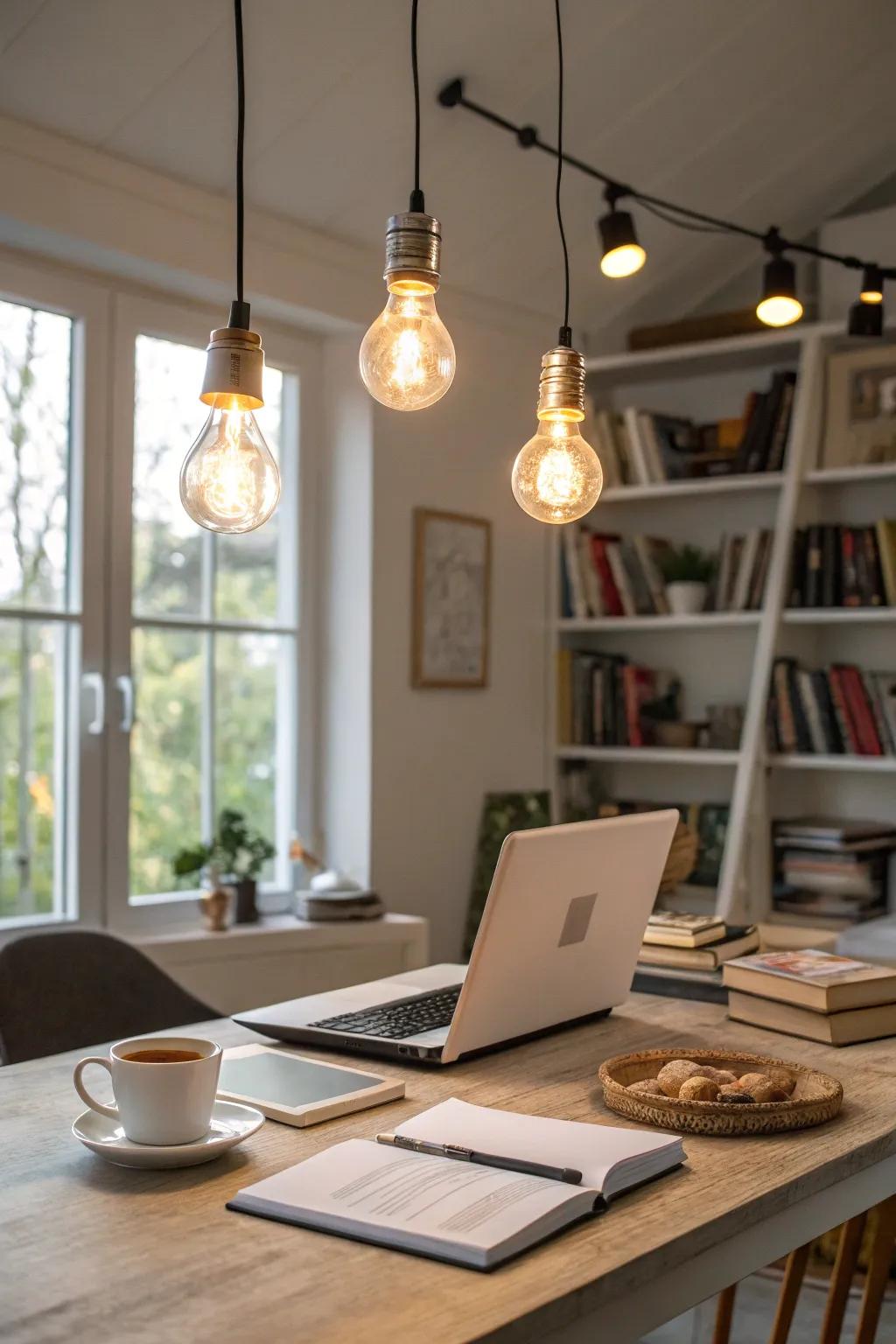 An office space equipped with smart bulbs for adjustable lighting.